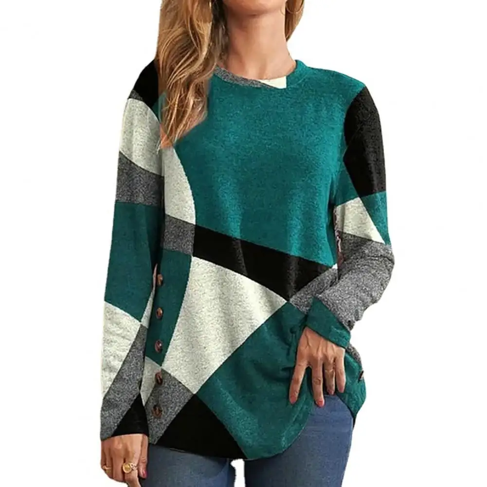 

Casual Blouse Women Long Sleeves Loose Buttons Decor Top Women Vintage Geometry Patchwork Color Pullover Blouse Streetwear