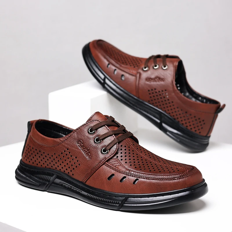 Summer Mens Leather Shoes Luxury Designer  Handmade Mens Loafers Moccasins Breathable Lightweight Hollow Out Business Zapatos 3