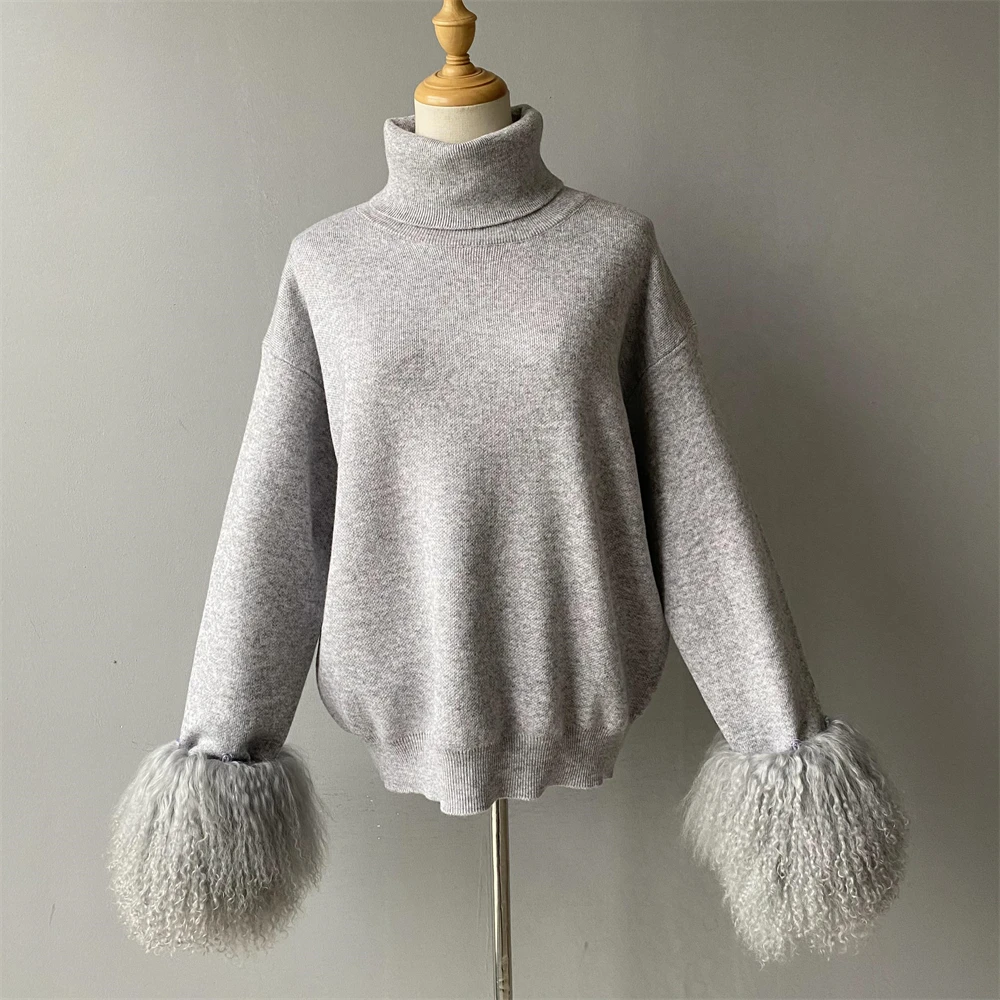 Solid color knit pants matching turtleneck sweater set