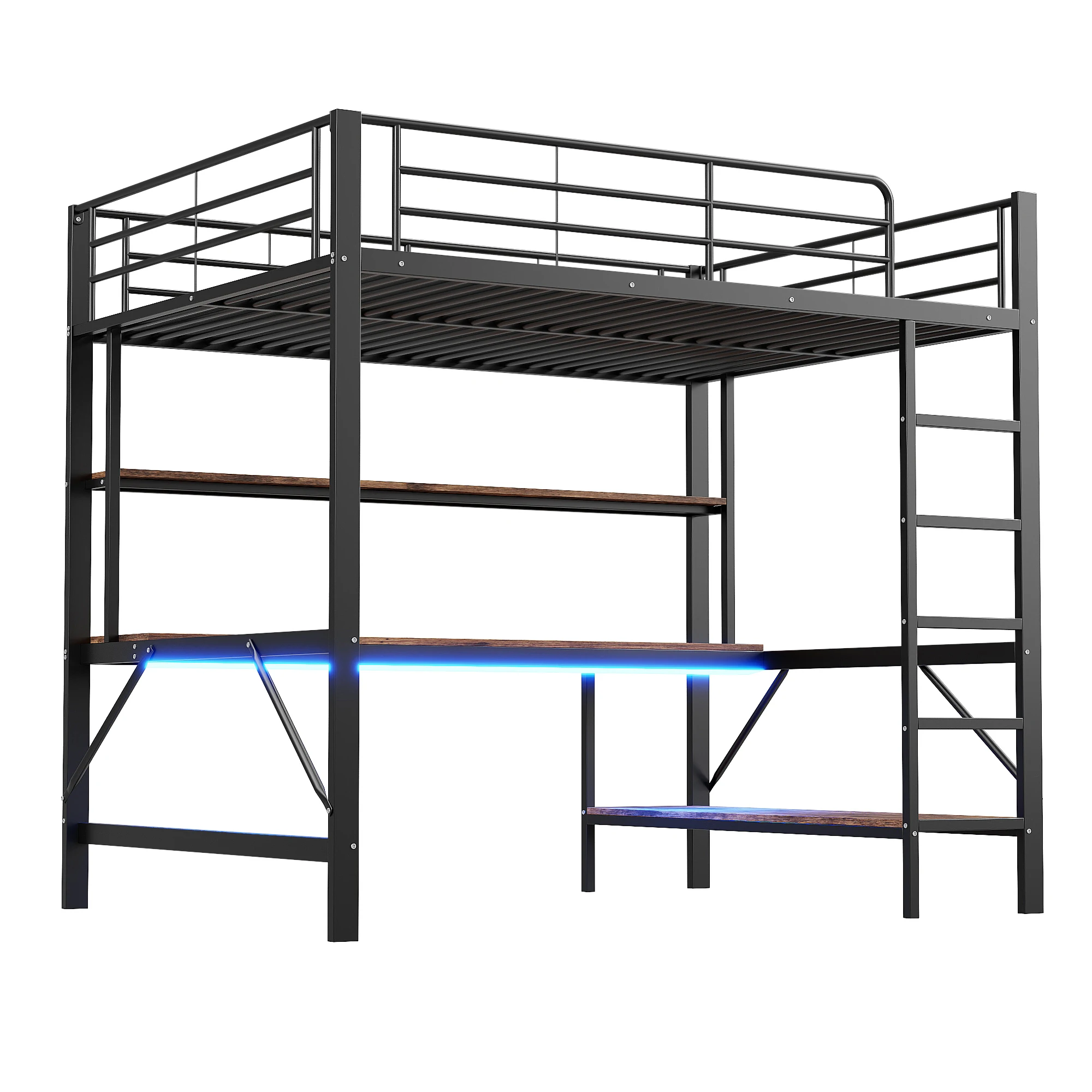 Hochbett, 140*200 cm, Geländer, Leiter, mit USB- und Steckdosenanschluss, mit LED-Beleuchtung, Schreibtisch, mehrstufiges Regal, ohne Matratze – Detail 14