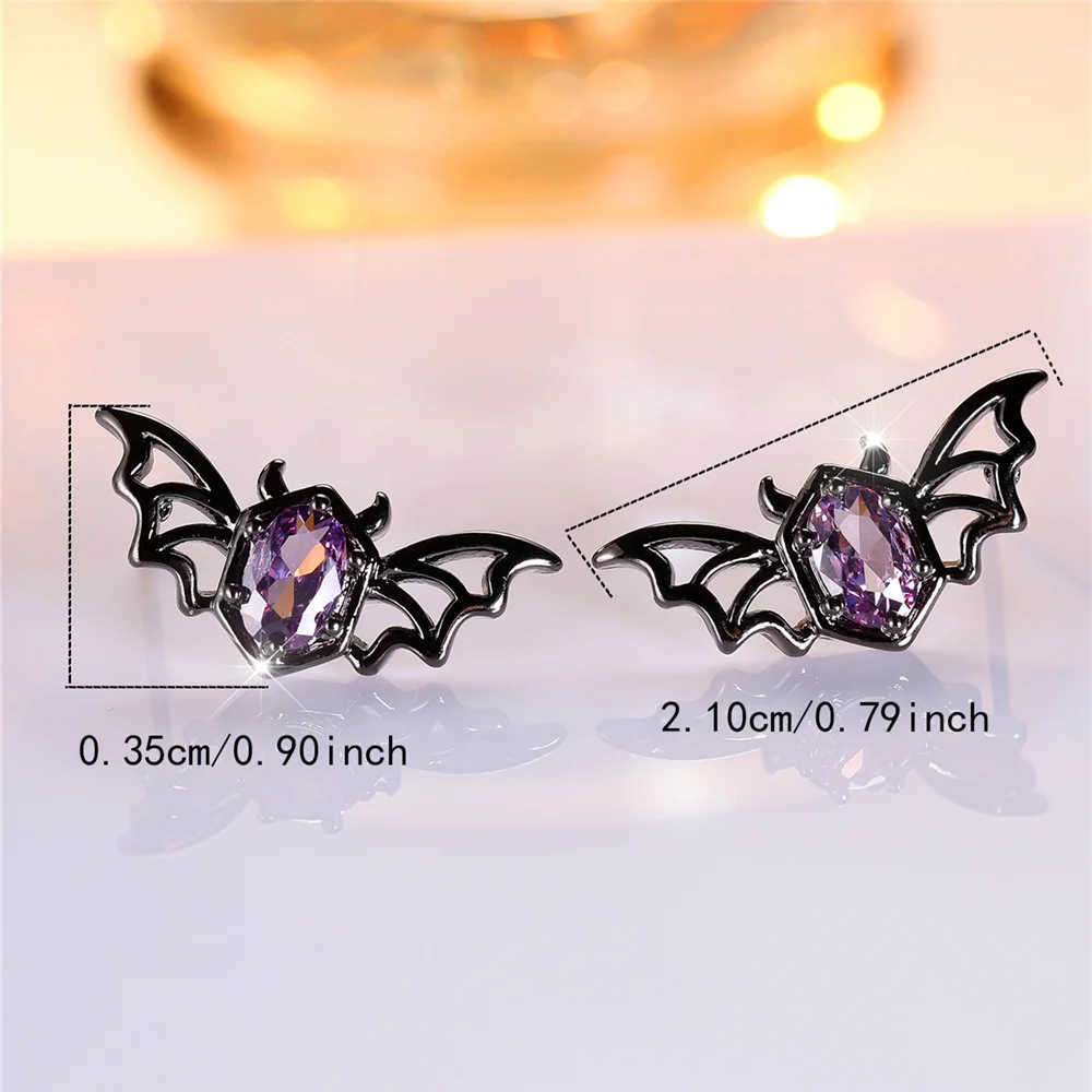 Cute Female Crystal Purple Zircon Stone Bat Animal Stud Earrings Black Gold Color Wedding Jewelry For Women