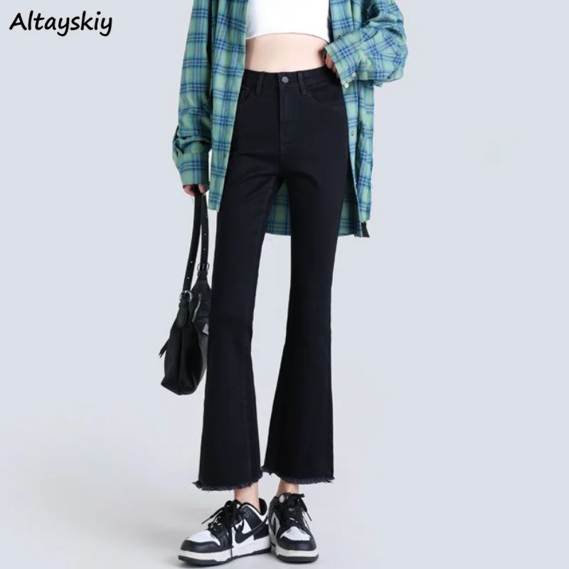 

Flare Jeans for Women Ripped Washed Denim Ankle-length Daily Ulzzang Style High Waist Fashion Pure Vintage Casual Spring Do Old