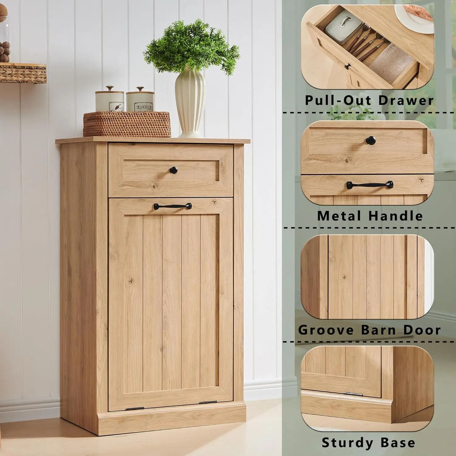 Tilt Out Trash Can Cabinet, 10 Gallon Farmhouse Laundry Hamper Cabinet with Drawer, Hidden Wooden Trash Garbage Can Bin with Sto