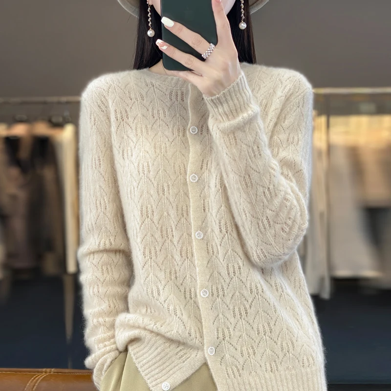

Women's Round Neck 100% Pure Wool Hollow Sweater 2024 Spring/summer New Loose Solid Color Versatile T-shirt Top Thin Style