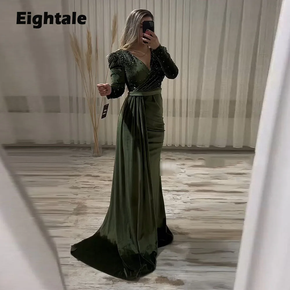 

Eightale Beaded Evening Dress Arabic Formal Occasion Prom Gown V-Neck Long Sleeves Muslim Velvet Mermaid Wedding Party Dress