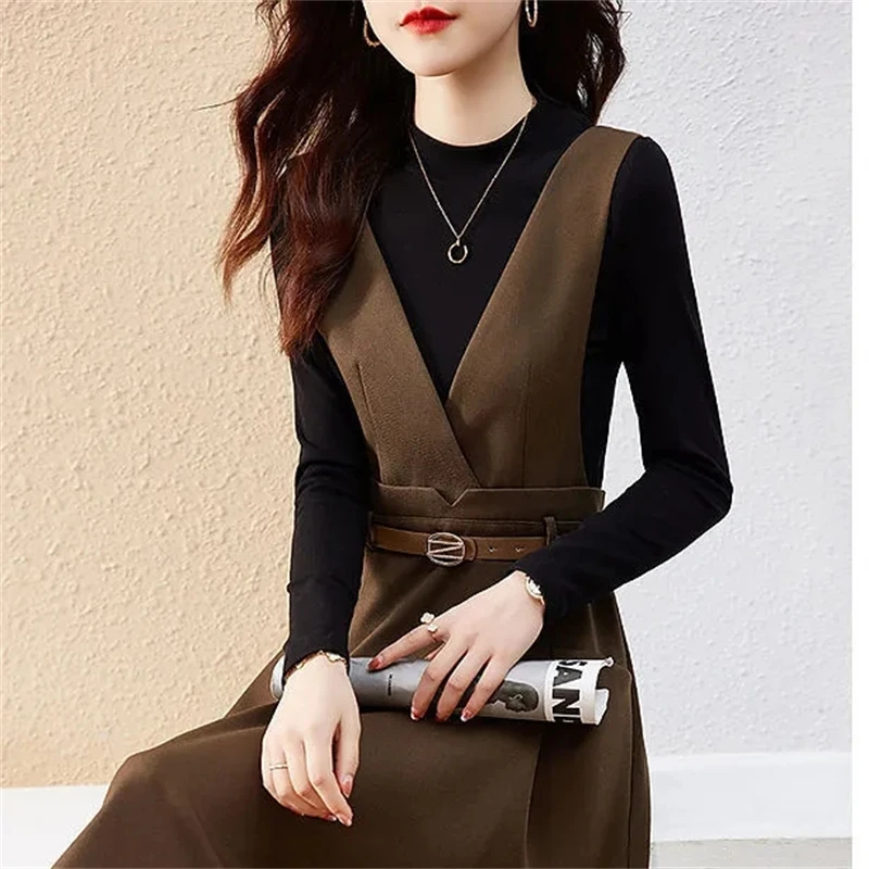 vintage slim tank Dress 2 Piece Set black knitted pullover + belt Midi sleeveless Vestido Conjuntos Fall Winter Dresses Outfits