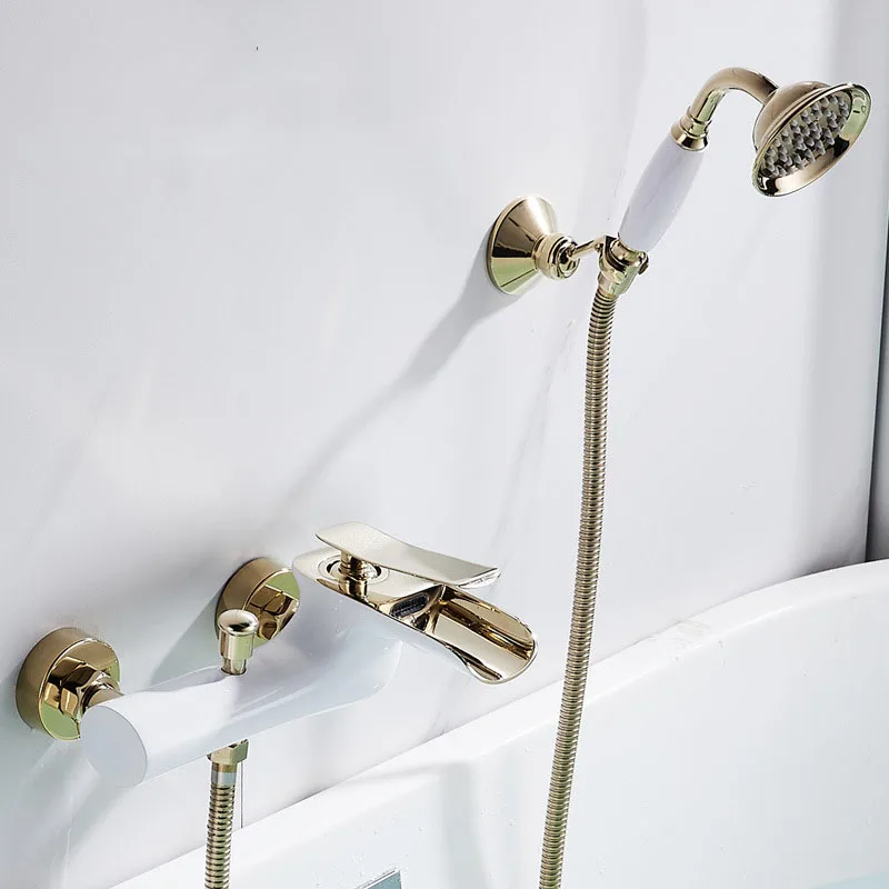 Bath And Shower Faucet Set Waterfall Brass White Gold Simple Shower Hot and Cold Faucet Wall Mounted Bathroom Mixer Set
