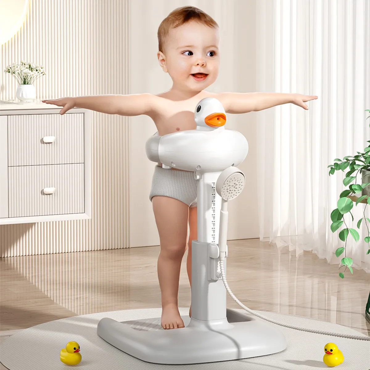 Portable Non-slip Duck Shaped Baby Bath Racks Shower Helper Handle Adjust Length Stand Themselves for Standing Toddler Shower
