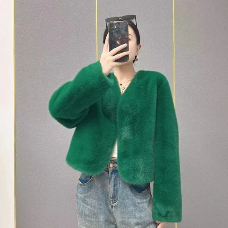 2023 New Women Imitation Mink Fur Coat Female Winter Loose Warm V-neck Fashion Outwear All-Match Solid Color Casual Short Jacket