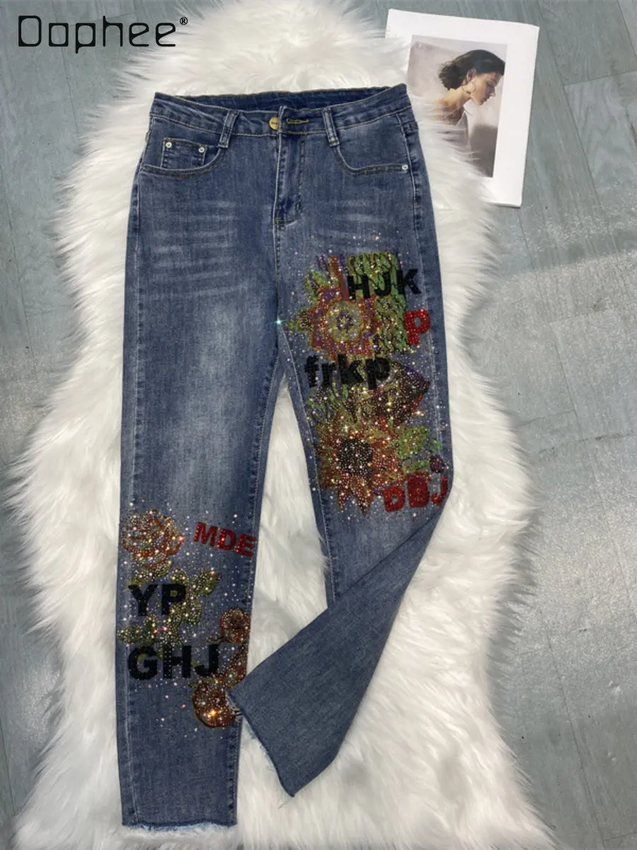 Fashionable Exquisite Rhinestone Slim Slouchy Jeans Female 2023 Spring Autumn New Printed Denim Pants Blue Jeans for Women fashionable striped rhinestone loose jeans for women 2023 spring and summer new high waist all matching straight pants female