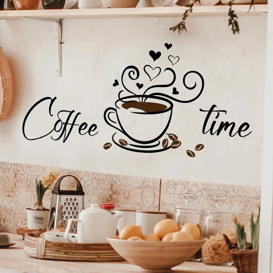 PLIGREAT Coffee Bar Wall Stickers, Brown Vintage Coffee Cup Wall Decals, Vinyl Peel And Stick Wall Sticker For Cafe Kitchen Dining Room Office Decor