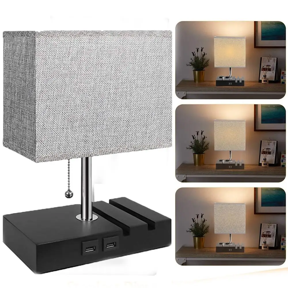 for Living Room with Pull Chain Bedside Desk Lamps Table Lamp Grey with Charging Station Small
