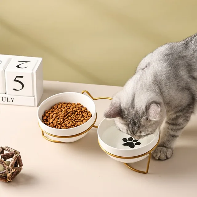 Ceramic Bowl Kitten Puppy Ceramic Bowl 500ML Pet Water Feeder Cat Food Feeding Dish Dispenser with Raised Stand Cat Accessories