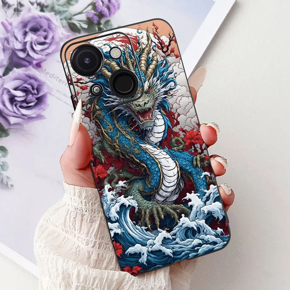 Cartoon Cat & Dragon Marble Matte Black Silicone Soft Phone Case