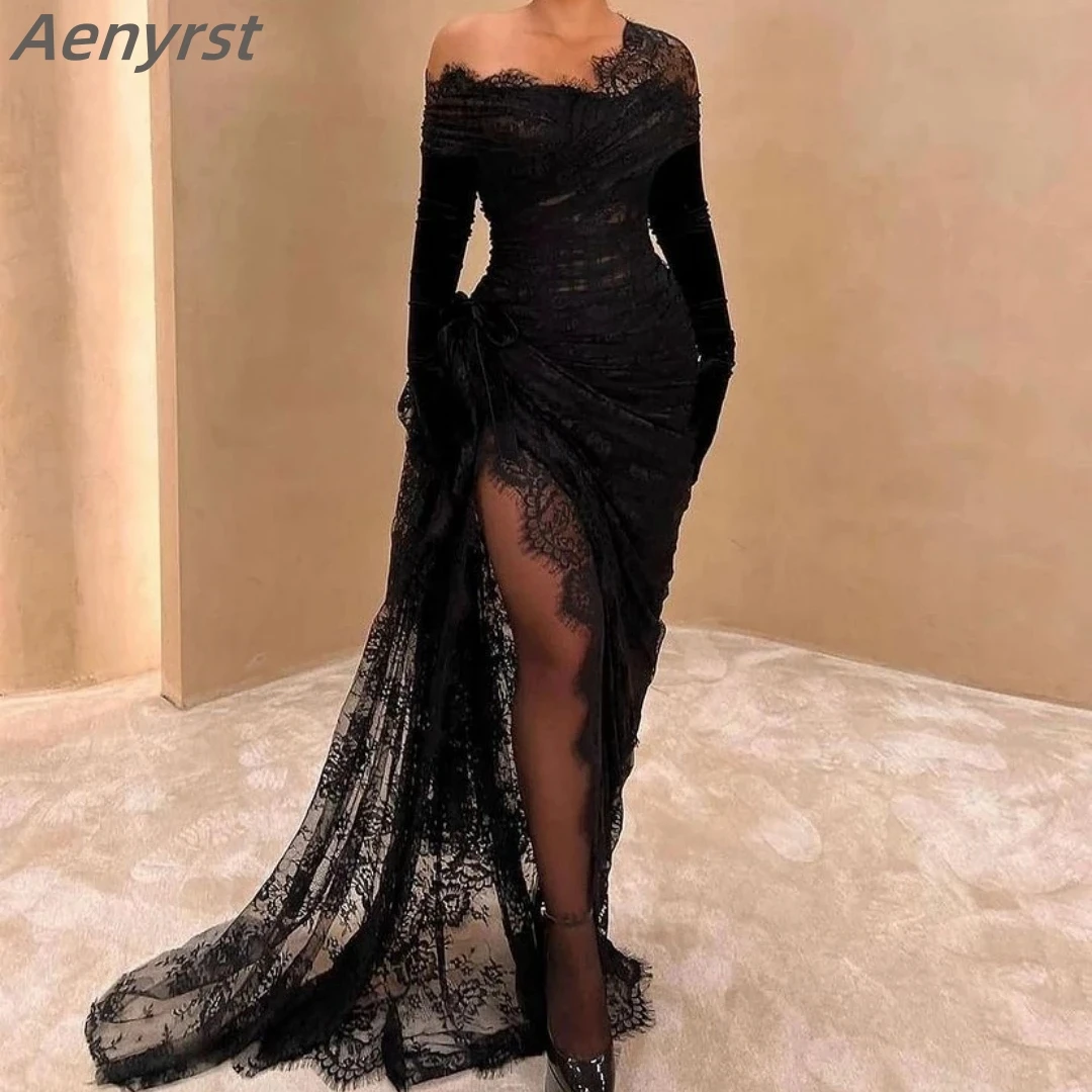 

Elegant Long Black Evening Dresses Off Shoulder High Slit Mermaid Formal Prom Dress for Women Vintage Lace Ruched Party Gowns