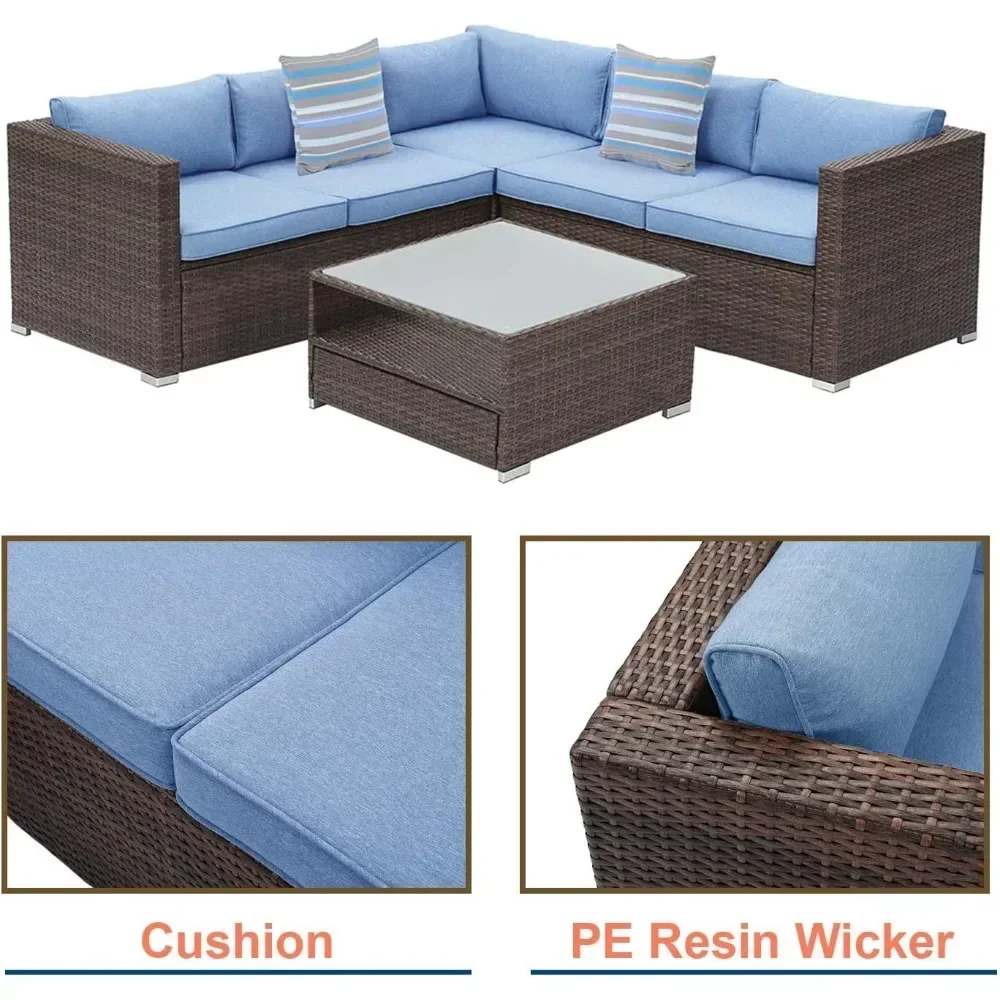 4-piece Outdoor Combination Sofa Courtyard Furniture with Blue Thick Cushion, Courtyard Conversation Set Outdoor Willow Sofa 4