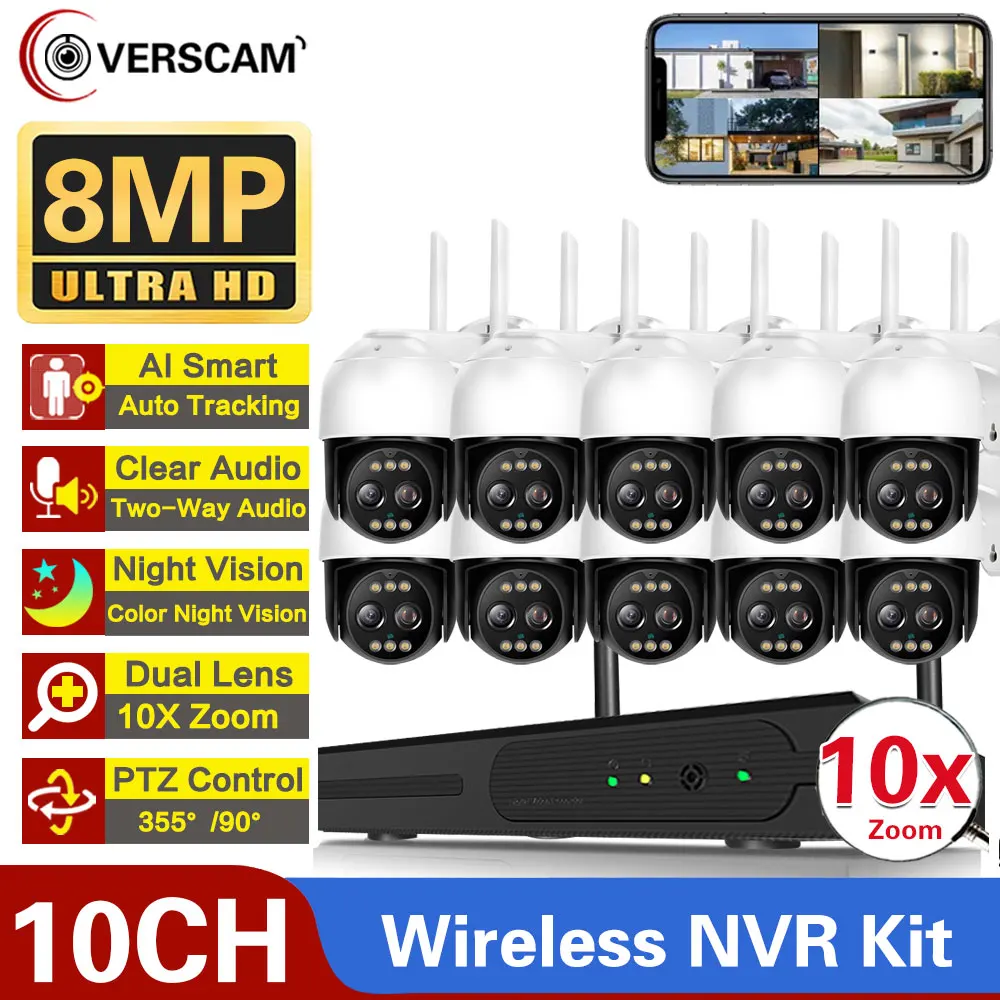 

10CH NVR Wireless CCTV System 4K 8MP Color Night Vision P2P AI Auto Tracking security protection Wifi video Surveillance Camera