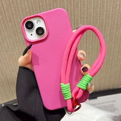 Silicone Lanyard Strap Phone Case with Soft Candy Color and Lichee Pattern Leather Cover - 14 Plus 15 Plus (06SJS014)