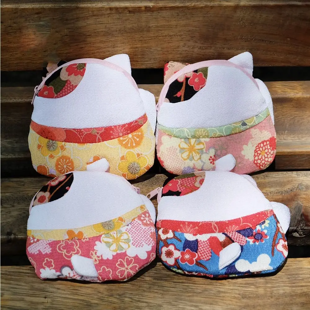 Retro Japanese Style Maneki Neko Coin Purse Zipper Flower Printing Lucky Cat Clutch Bag Storage Bag PU Card Holder Women