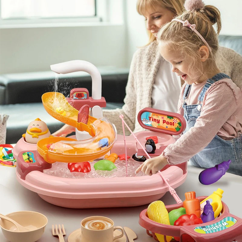 Kitchen Toys Pretend Kitchen Sink Toys Play Sink Running Water Toy Kid Dishwashing Basin Interactive Fishing Set Role Play Game Kitchen Cleaning Food Gift