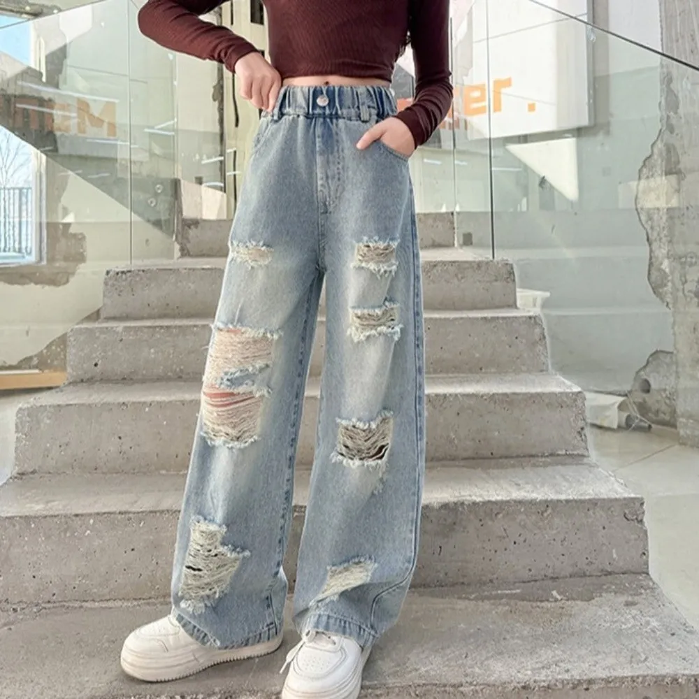 Ripped Wide Children Jeans Straight High Waist Blue Teen Girl Jeans Loose Leg Streetwear Girls Denim Trousers Spring Autumn