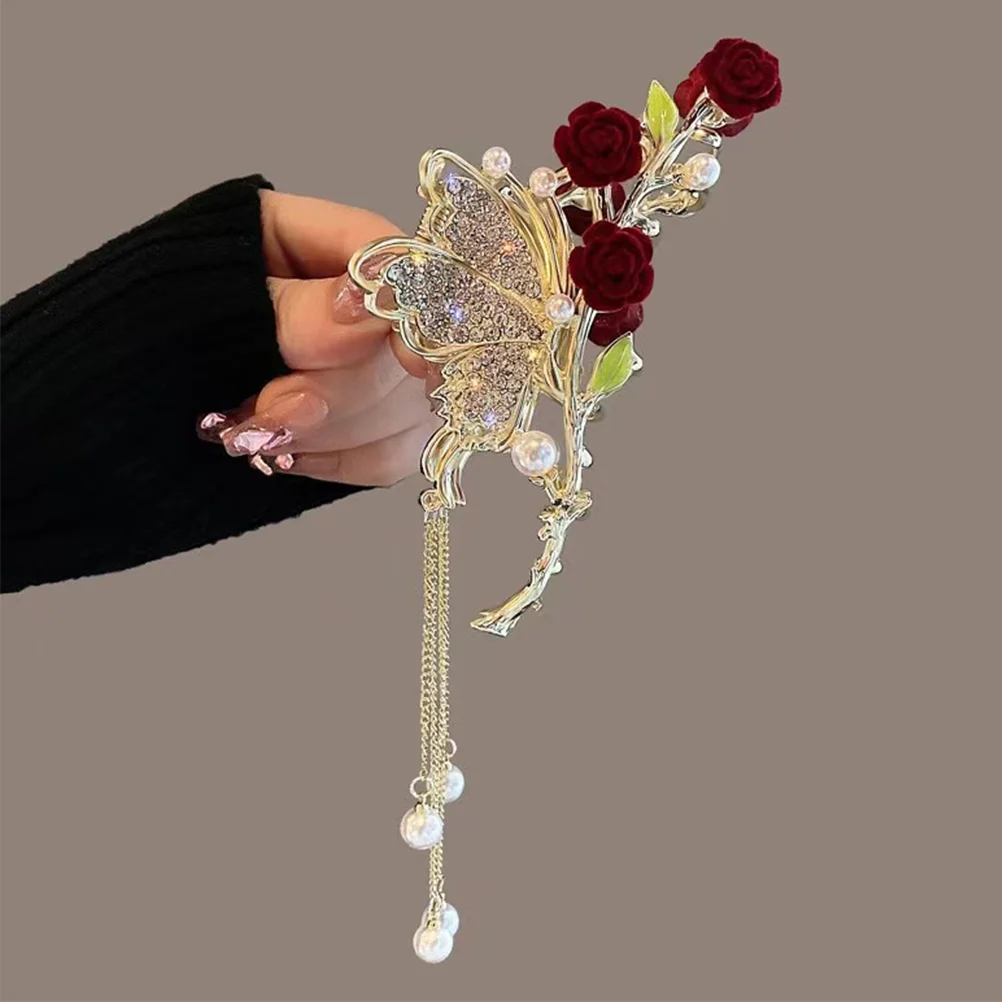 

Flower Hair Claw Clip Rose Flower Back Hair Jaw Clip Crystal Butterflies Hair Holder