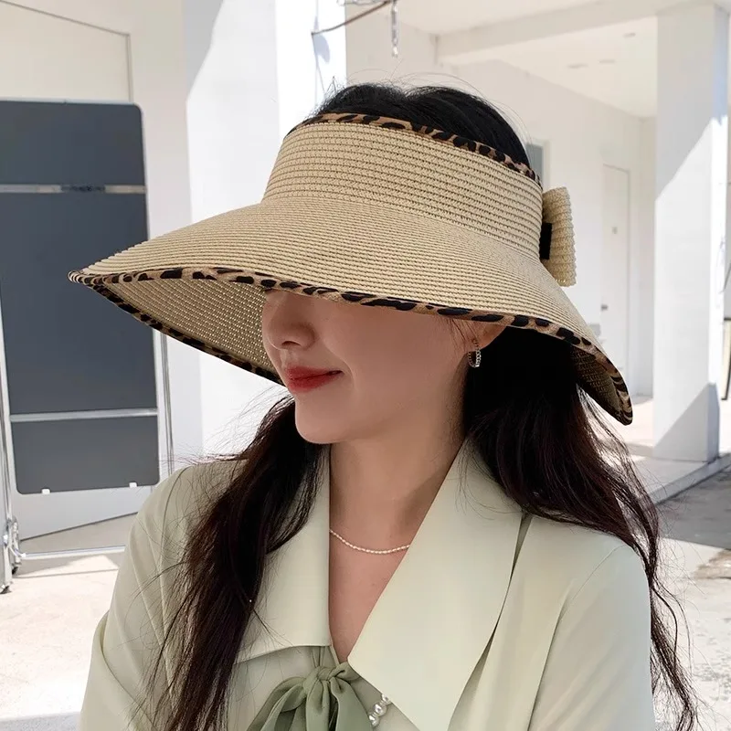 여성용 접이식 큰 챙, 빈 상단 모자, 레오파드 무늬 가장자리, 활 잔디 모자, 여름 태양 보호, 햇빛가리개 모자, 여행