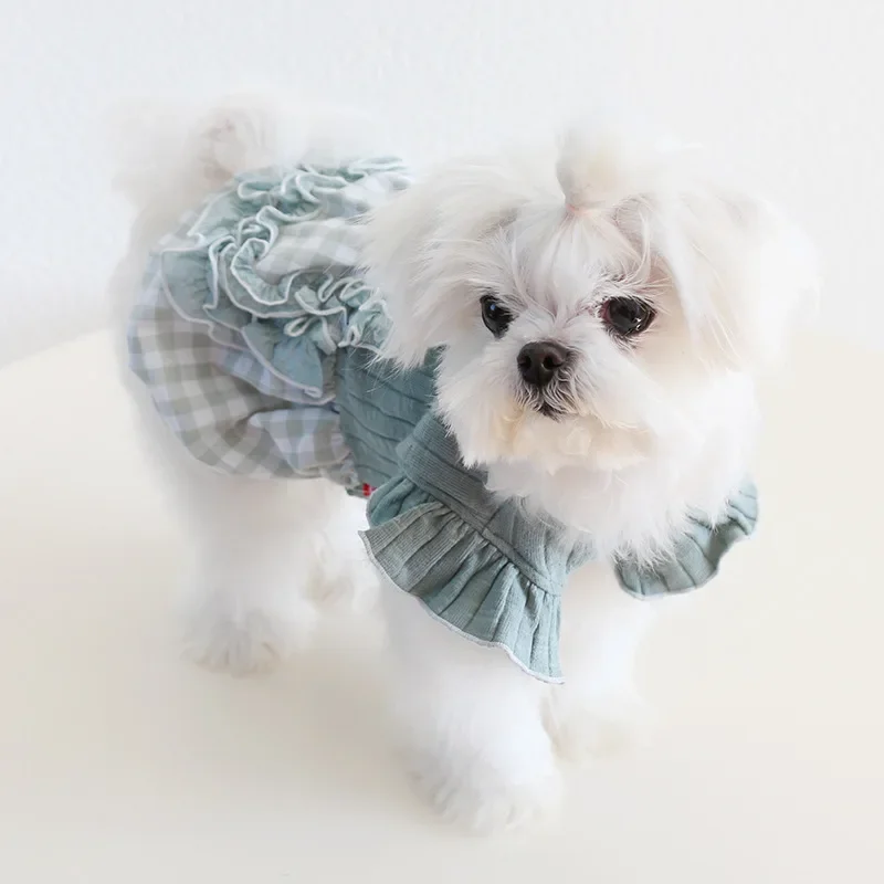 Spring/Summer Ruffled plaid Dress Embroidered Princess clothes forSmall Dogs Chihuahuas, Bichons outfit