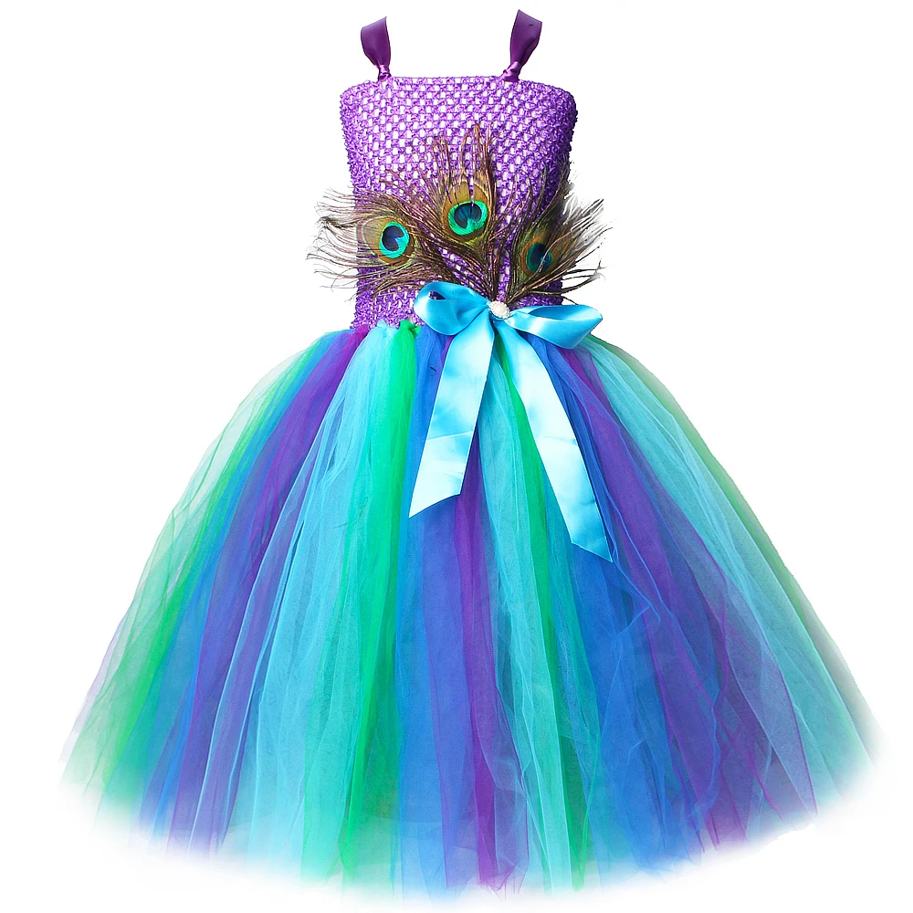 

Purple Peacock Long Dresses for Girls Tutu Dress Kids Halloween Pageant Costumes Children Birthday Fancy Dress Ball Gown Ankle