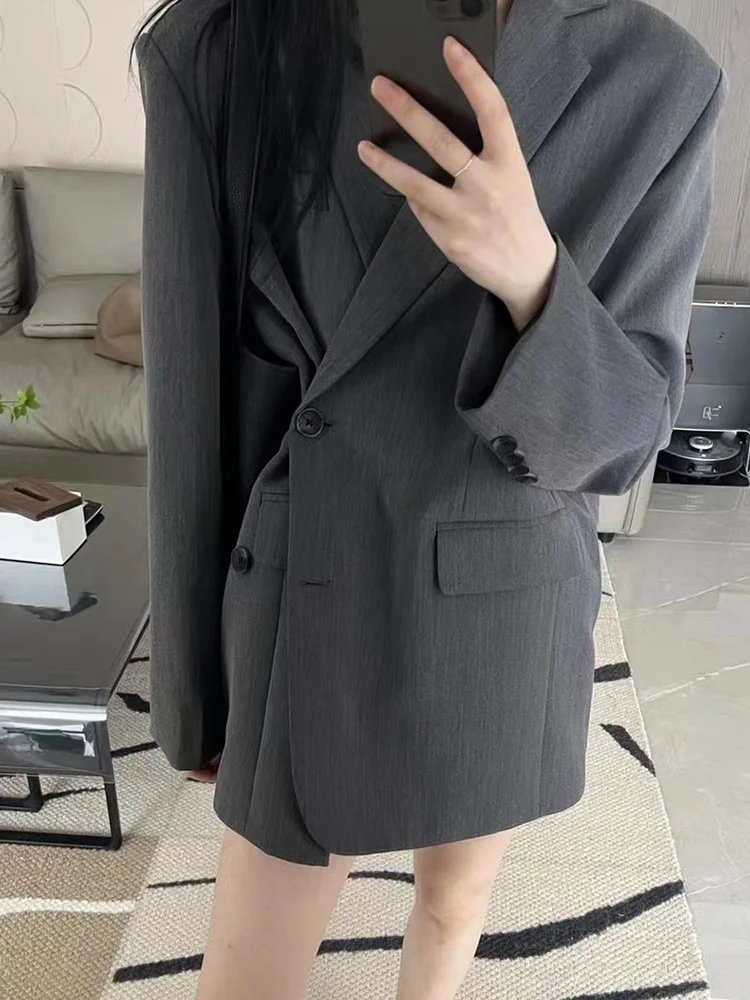 BZVW Fashion Women Blazer Notched Collar Loose Single Metal Button Long Sleeve Solid Color Suit Jackets Summer 2023 New Trend