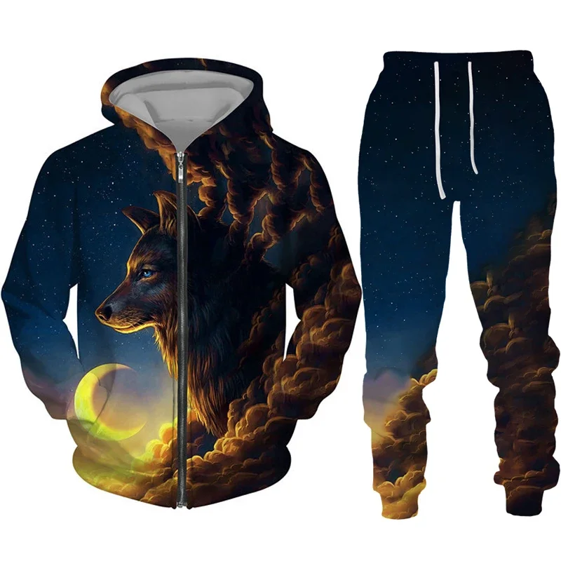Zipper Hoodie Suit Animal Wolf 3D Print Men Tracksuit/Pants Casual Streetwear Long Sleeve Oversize Autumn Winter New Hot-selling 4