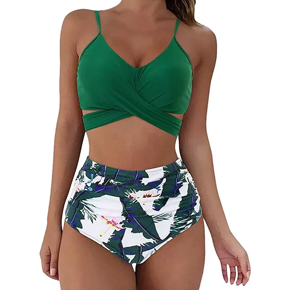 

12 Colors Women Slim Bikini Sets High Waisted Sexy Swimwear Two Pieces 2024 Hot Selling Solid/Floral Ruched Swimsuit Cross Front