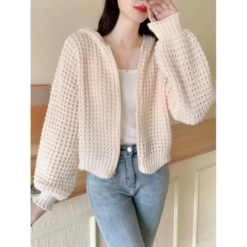 Autumn and Winter Women's Hooded Patchwork Hollow Out Zipper Solid Color Loose Fashion Casual Elegant Commuter Long Sleeve Coat