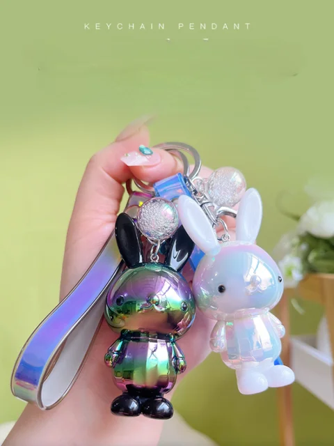 Bunny Keychain Gradient Color Cartoon Stainless Bell Rainbow Colors  Decorate Bow-knot Phone Car Couple Gift Bunny Bag Pendant Collection  Supply,Black 