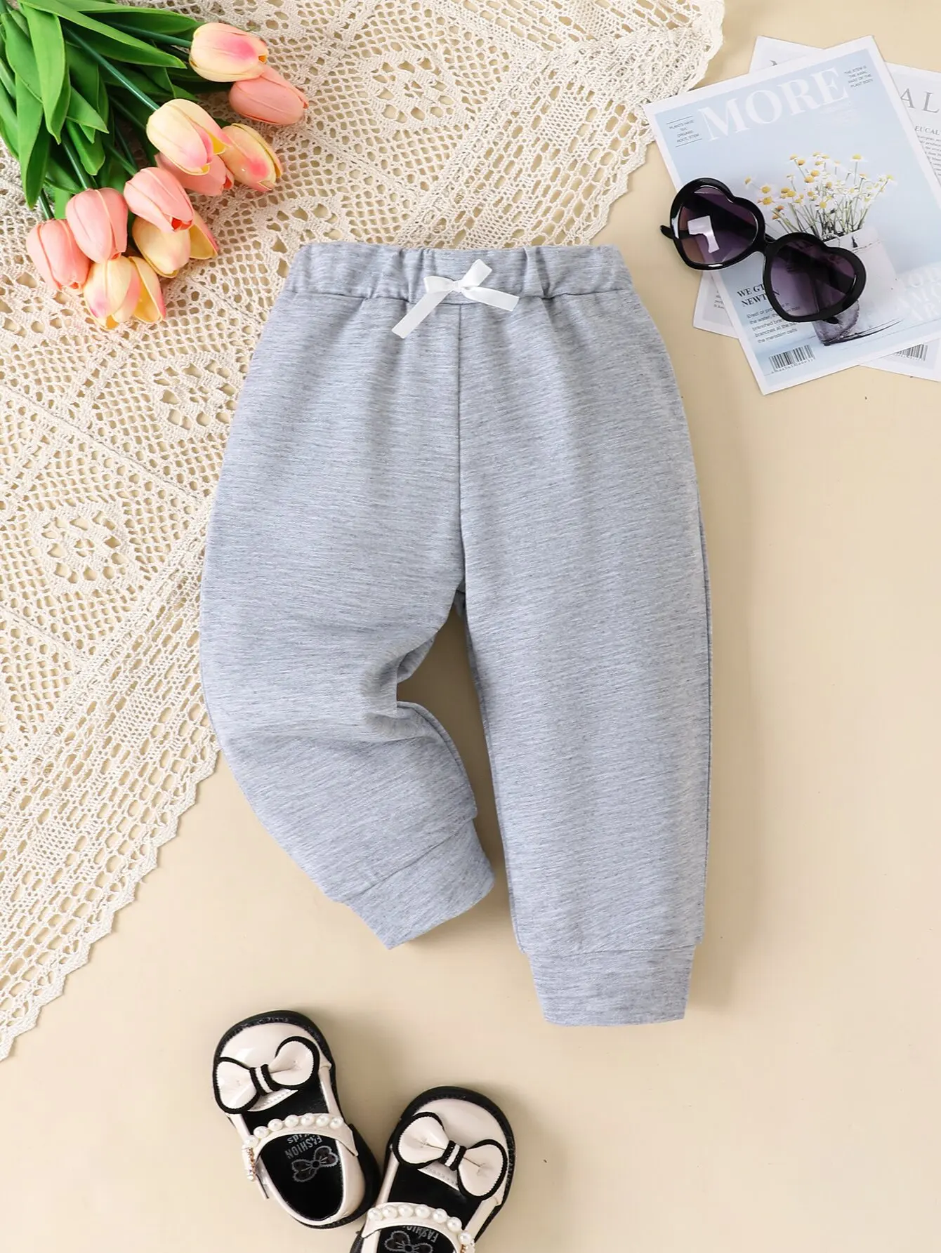 Baby leggings spring and autumn baby girls casual simple loose outdoor sports pants solid color bow decorated comfortable