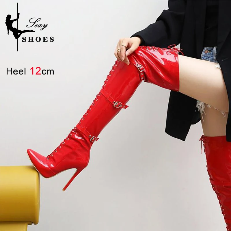 Big Size 46 Over-the-Knee Thigh High Women's Boots Pointed Toe Patent Leather Belt Buckle Plus Flock Thin High Heels Woman Shoes
