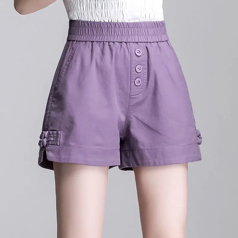 Fashion Elastic Spliced Button Pockets Casual Shorts Female Clothing 2024 Summer New Loose Korean Solid Color High Waist Shorts