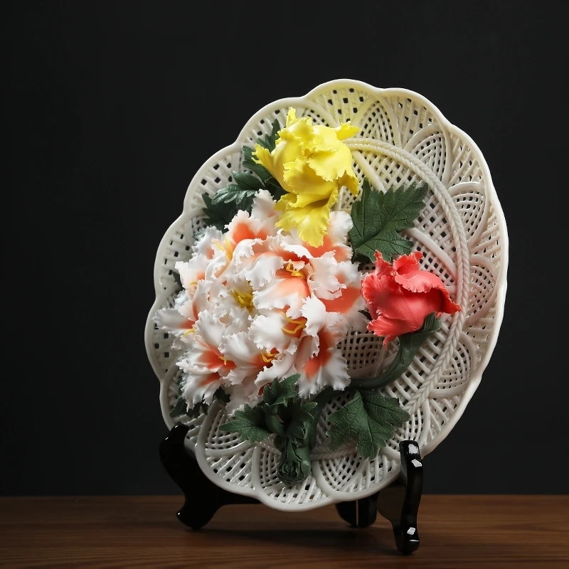 0013 Ceramic Handmade Peony Flower Pendant Plate Desktop Art Decoration Chinese Living Room Decorative Crafts Birthday Gift
