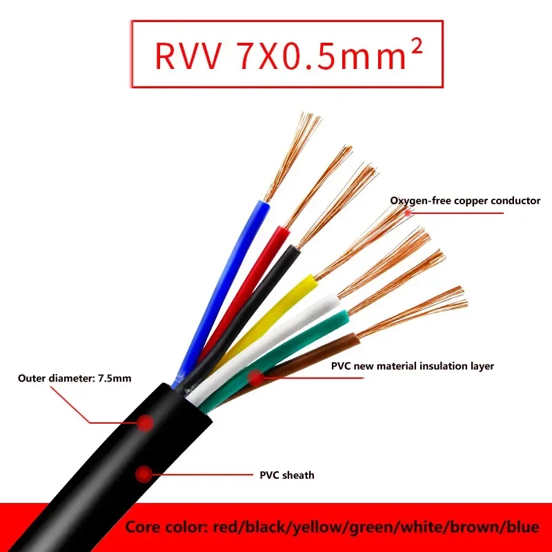 5 Metri Rvv Rame Core Segnale Di Controllo Guaina Del Cavo Fili Elettrici Ignifughi 7 8 10 Core 0.3 0.5 0.75Mm