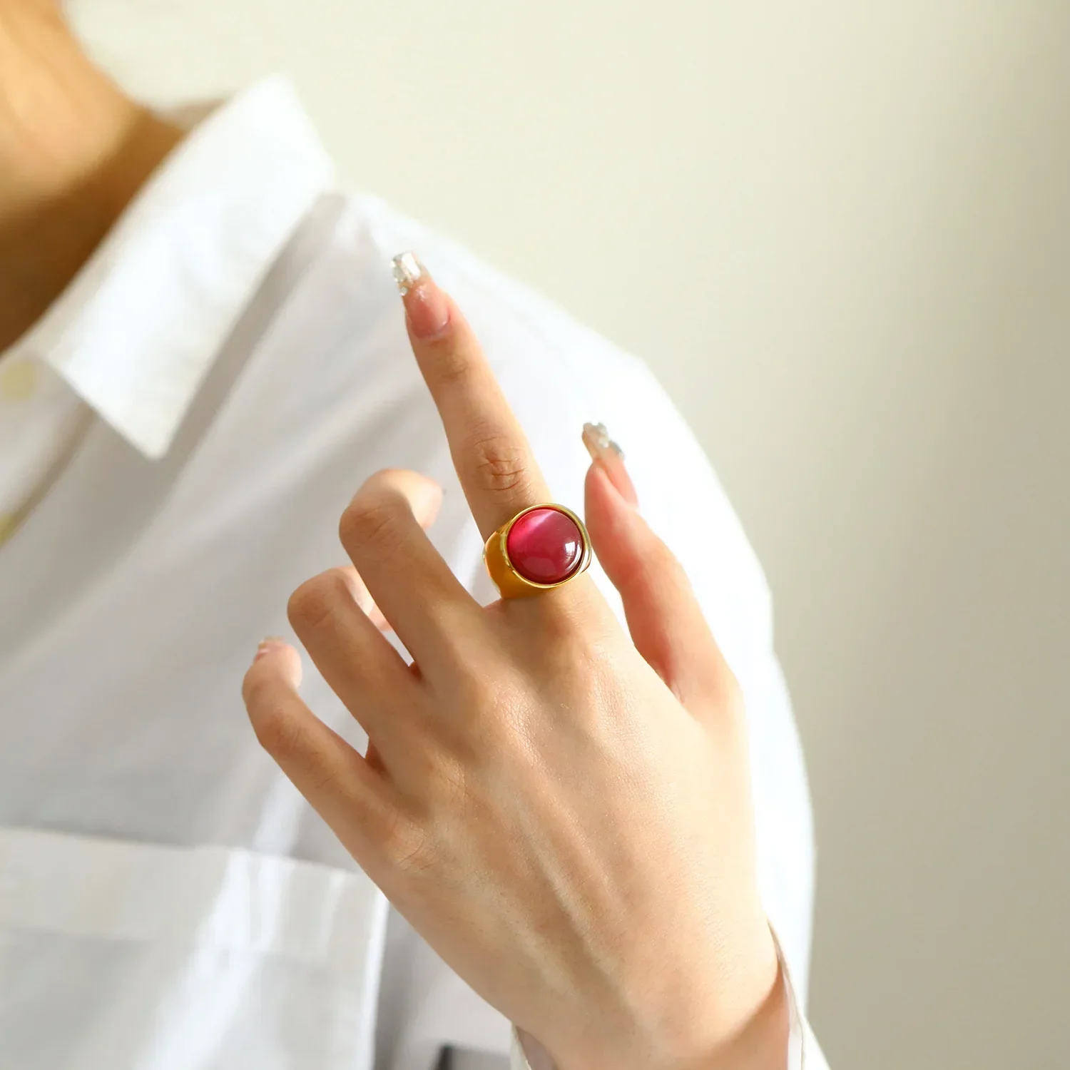 Stainless Steel Chunky Tiger's-eye Natural Stone Gold Plated Finger Rings Hypoallergenic Waterproof Multi-color Crystal Wed Ring