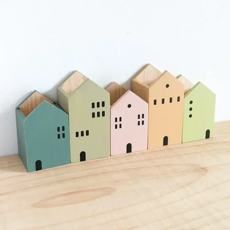 Cartoon House Wooden Pen Holder Pencil container Makeup Brush Stationery storage box Student/ Office Desktop Storage Organiser 3