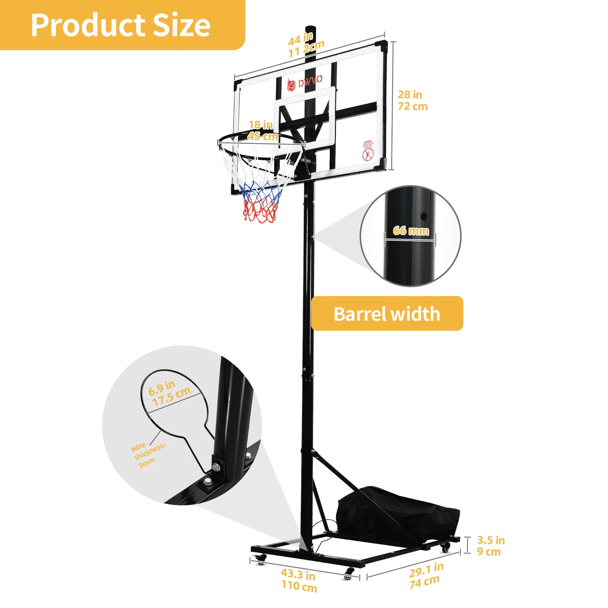 Portable Basketball Hoop 4.4-10FT Height Adjustable Upgrade Backboard Outdoor