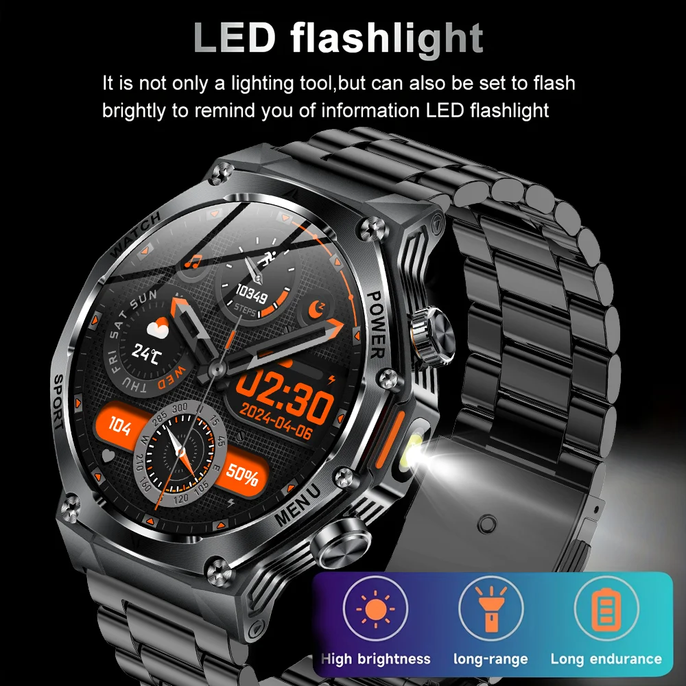 2025 New Sports Smartwatch 800mAh Battery 1.8-Inch HD TFT Display Wireless Talk LED Flashlight Stainless Steel Strap Compatible 3