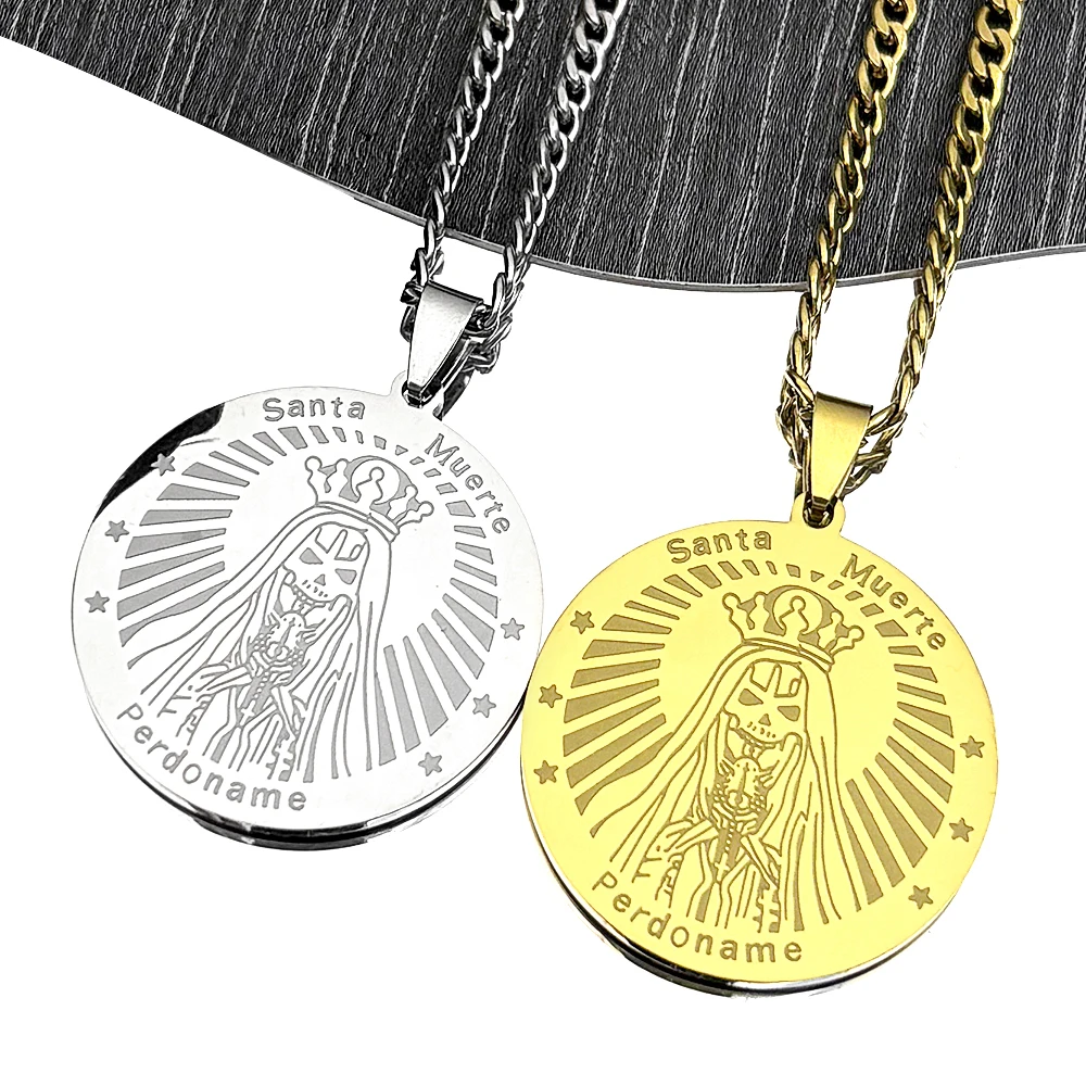 Mexikanische Santa Muerte Perdoname Anhänger Halskette für Frauen Männer Edelstahl Gold Farbe Schädel Stern Medaille Amulett Kette Schmuck