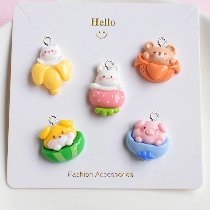 

10Pcs Catoon Rabbit Bear Fruits Resin Crafts Kawaii Keychain Decor Accessory Creativity Phone Charms Pendant DIY Handmade Making