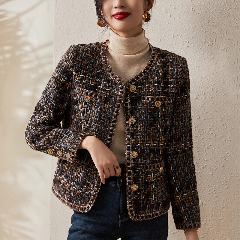 

Autumn Winter Coat For Women Elegant Long Sleeve Women's Vintage Plaid Jackets Coats Slim Office Lady 30% Wool Tweed Jacket Tops