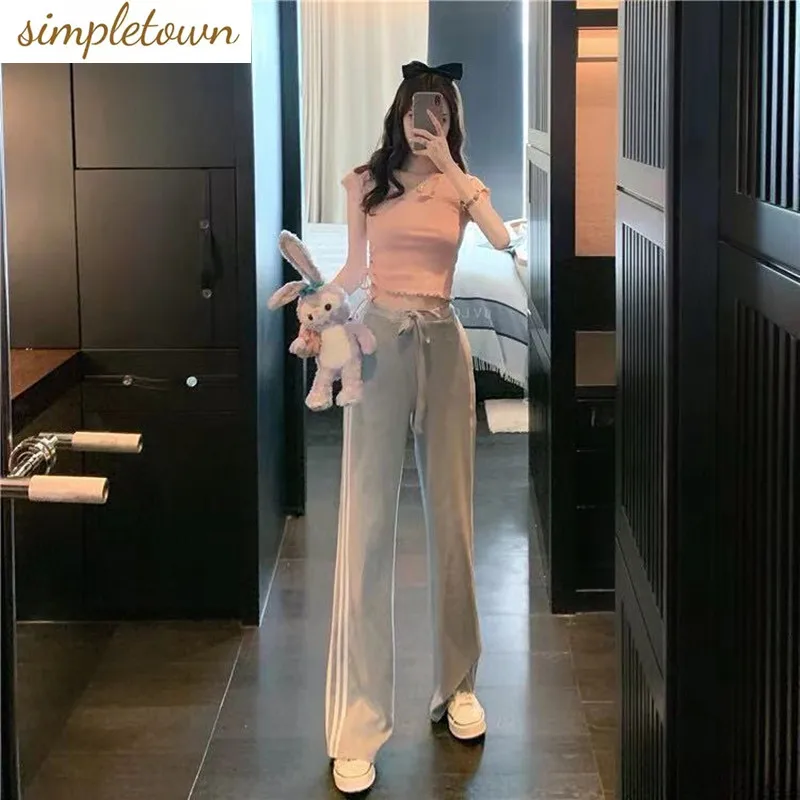 collapsible terrace side awning grey 160 cm Summer Casual Set Women's 2023 New V-neck Short Sleeve T-shirt Grey Side Stripe Wide Leg Sweatpants Two Piece Set