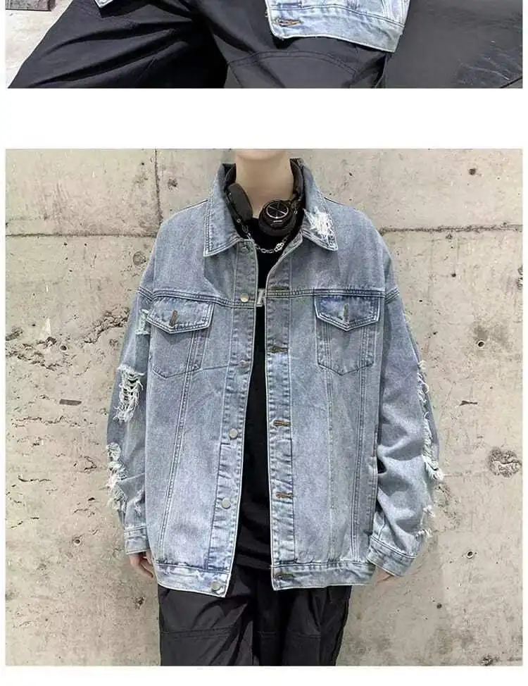 Spring Autumn Ripped Denim Jackets Men's Causal Loose Oversize Handsome High Street Overcoat Men Tops Male Clothes
