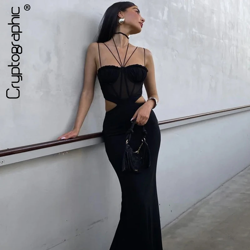 

Cryptographic Fashion Cut Out Mesh Sheer Maxi Dress Gown Elegant Outfits for Women Party Club Sleeveless Sexy Dresses Halter