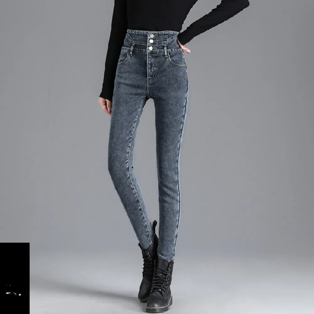 2024 Winter New Thick Velvet Jeans Women High Waist Skinny Pencil Pants Fleece Warm Slim Stretch Ladies Casual Denim Trousers